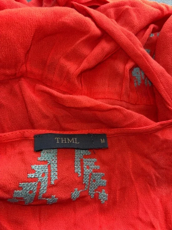 THML Rayon Mini Dress Sz M Tie Waist Boho Shift Vacation Embroidered Festival - Picture 6 of 11